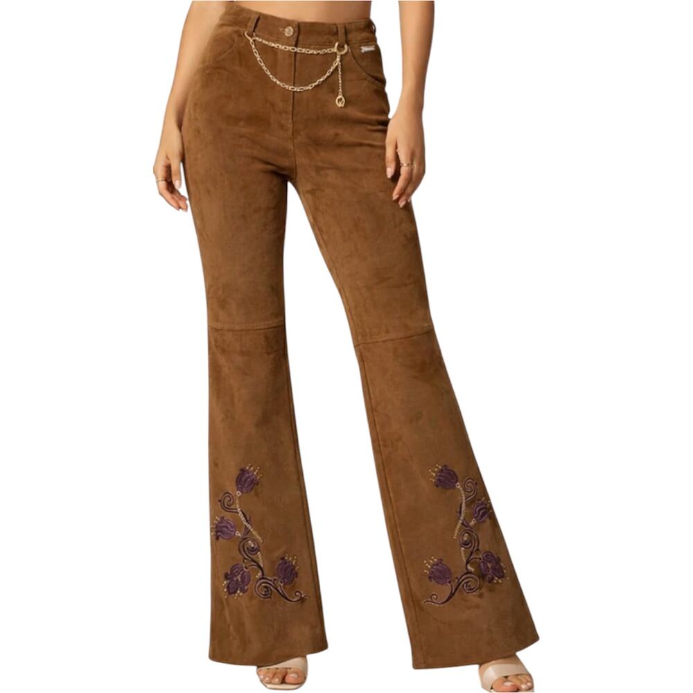 Vintage St. John Sport Faux Suede Pants Y2K Slit Chain Floral Embroidery Tan 2